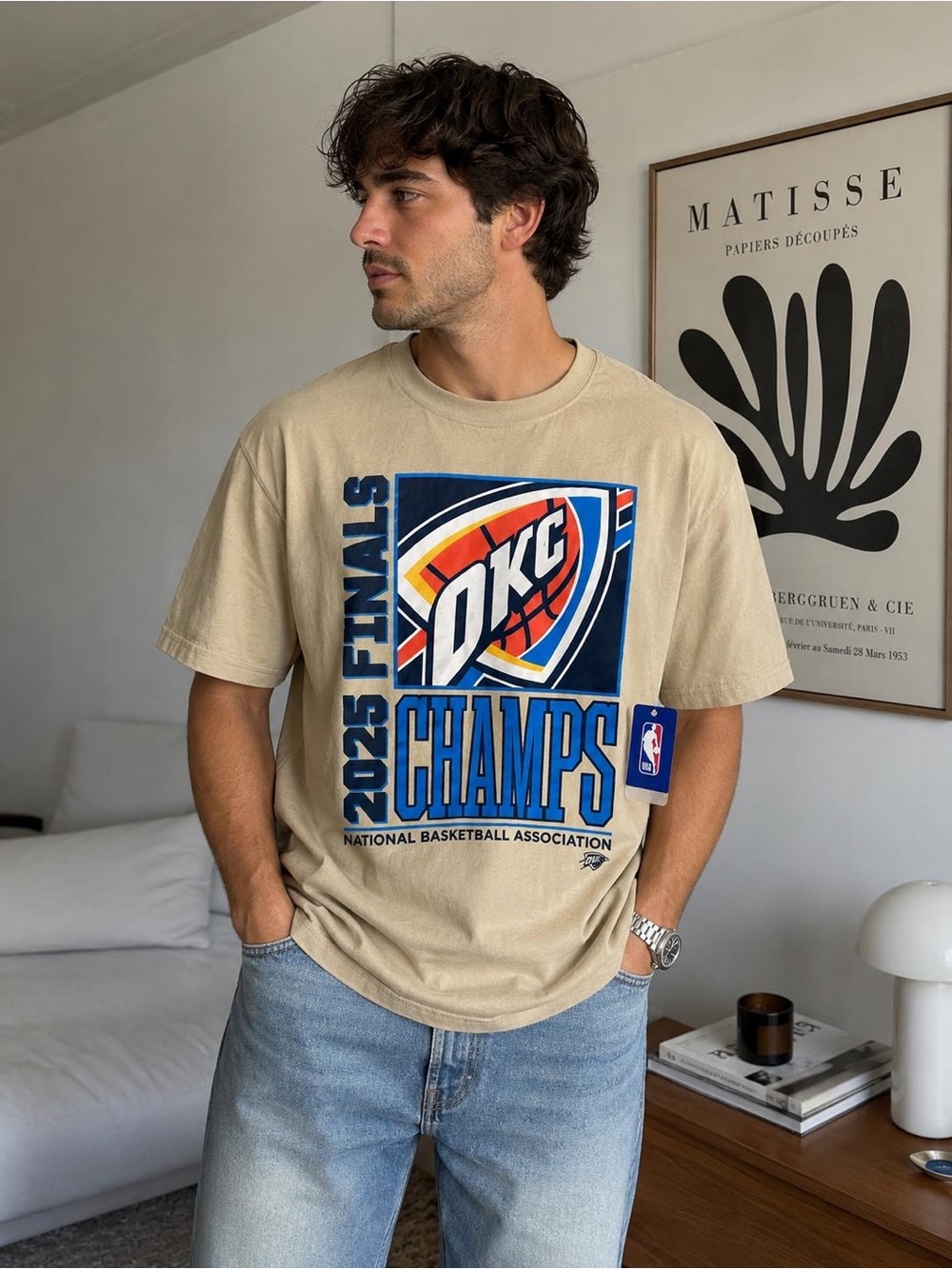 NBA Beige Graphic Tee with Black Tag Detail
